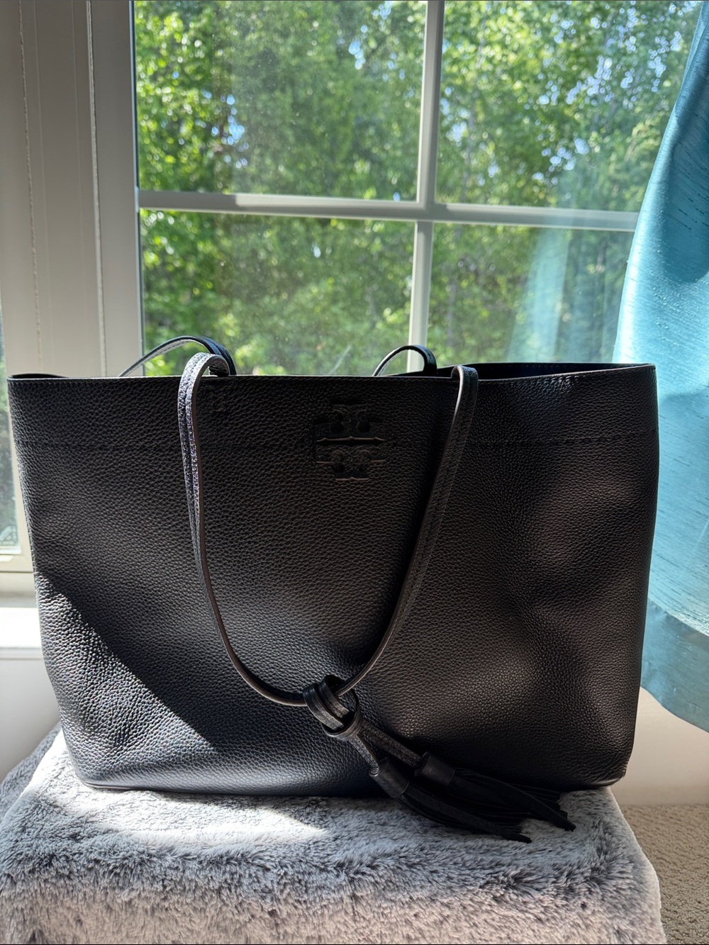 Tory Burch Black Pebbled Leather Tote with Tassel Detail